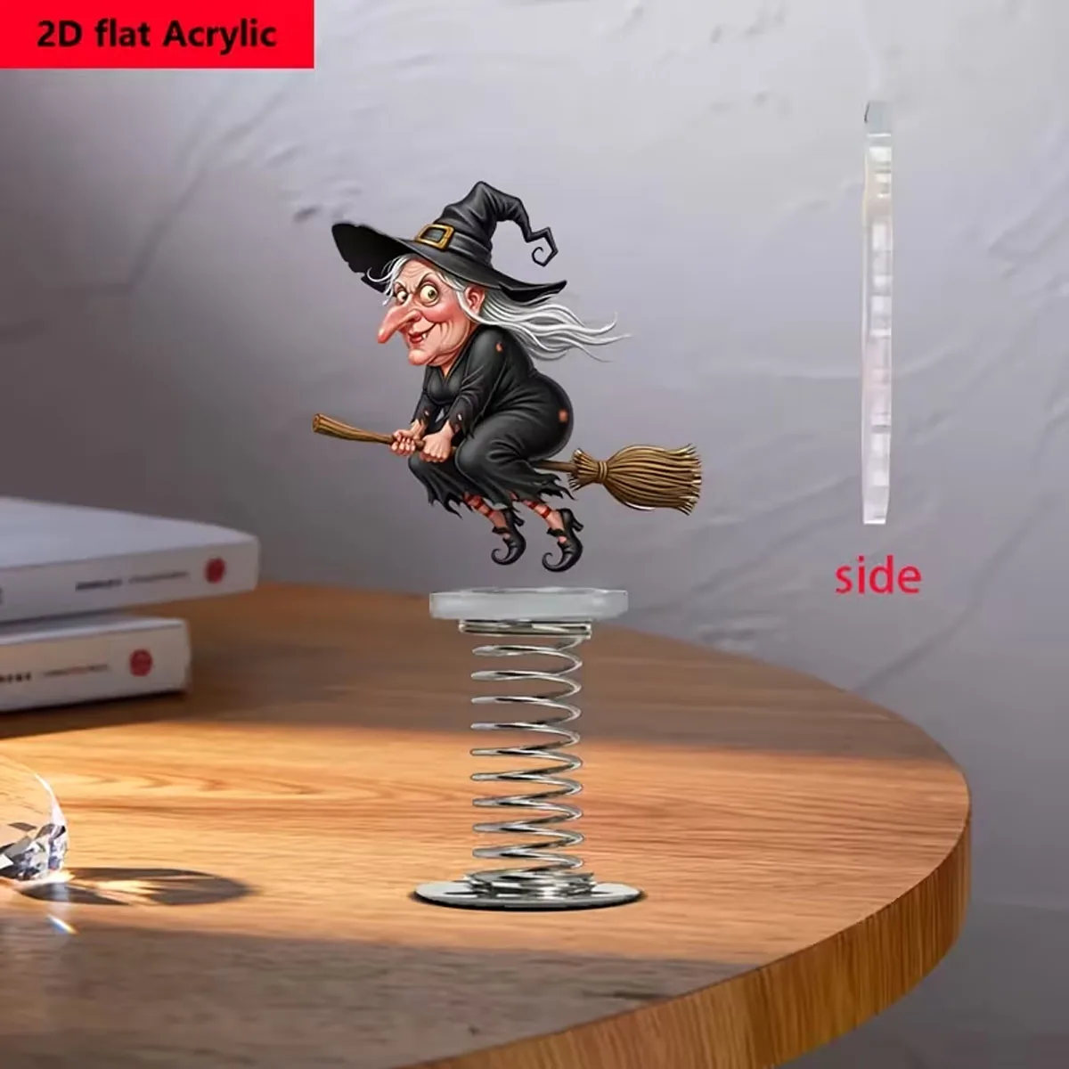 Witch Riding Broom Car Dashboard Figurine, Colorful 2D Swing Car Decor, Gift for Friends Family Home Office