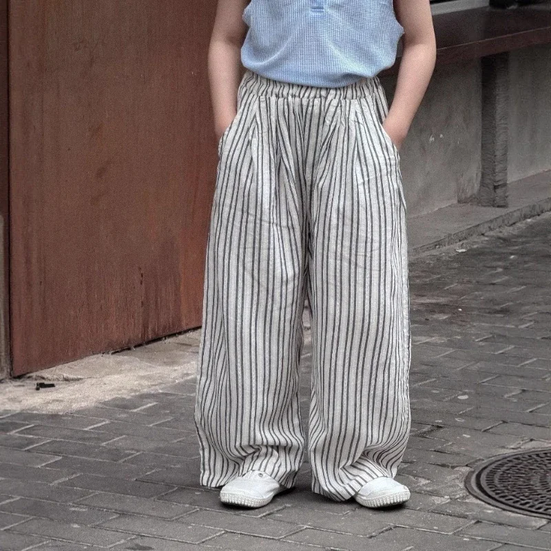 

2025 Summer New Small and Medium sized Children's Striped Loose Water Washed Cotton and Hemp Mosquito Resistant Pants