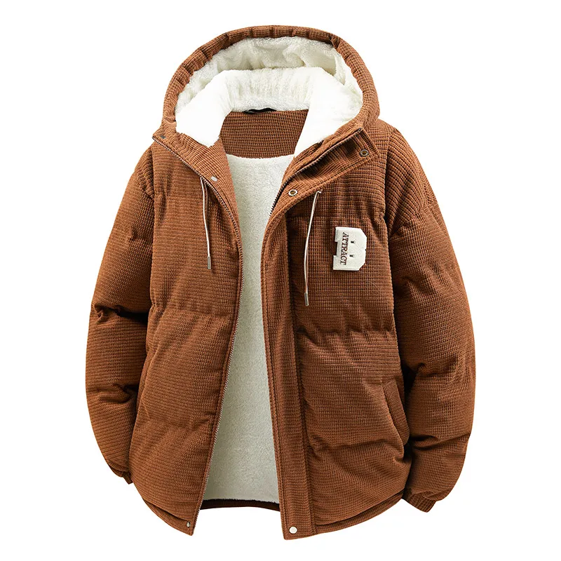 سترة سروال قصير من القطن الدافئ للرجال في الشتاء مع سترة بغطاء للرأس عازلة مخملية مضافة، سترة خبز فضفاضة وسميكة مقاومة للرياح #6