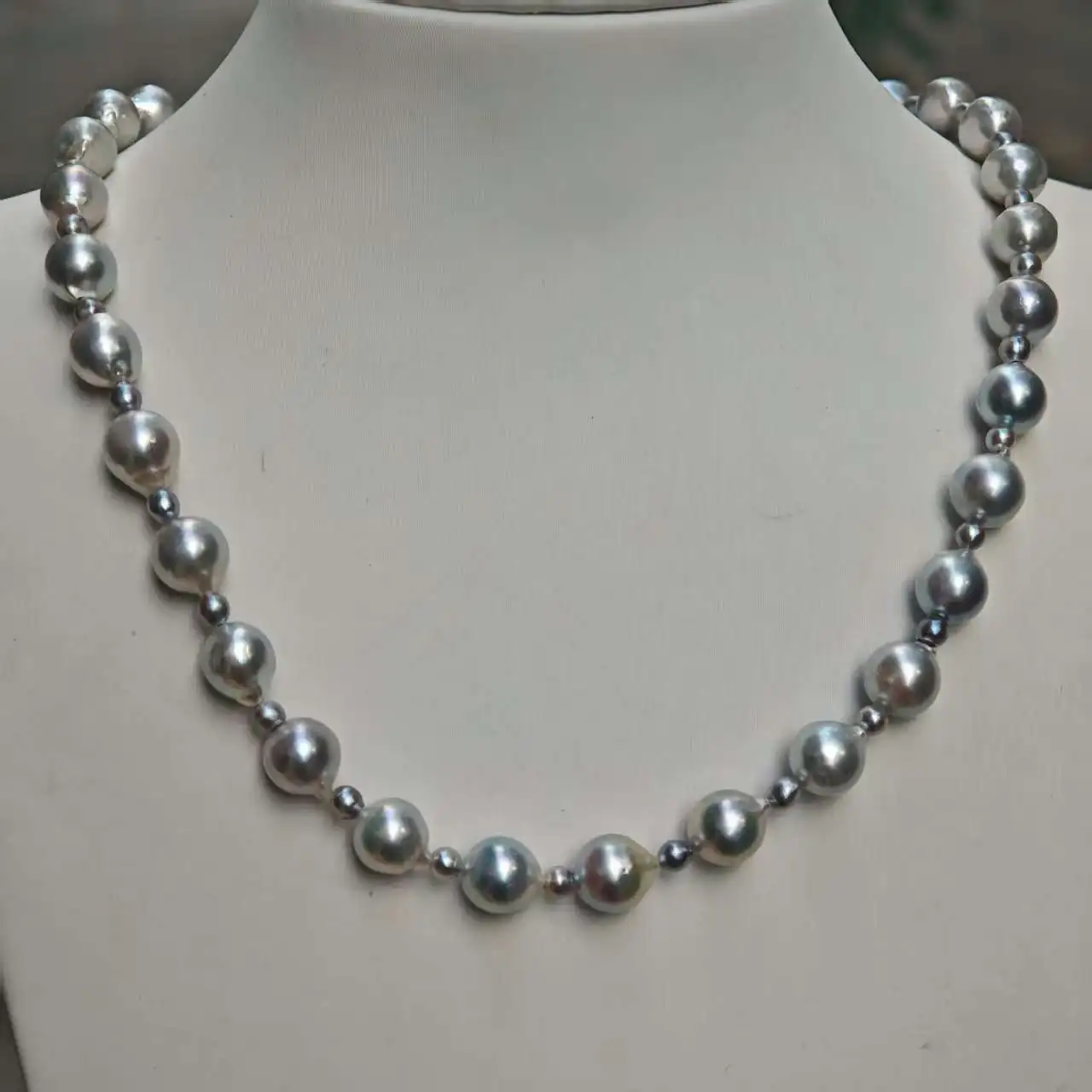 Natural Akoya Silver Gray Baroque Pearl Necklace, Mixed Size Design 8-9mm & 4-5mm, 925 Silver Clasp Unique Jewelry Gift