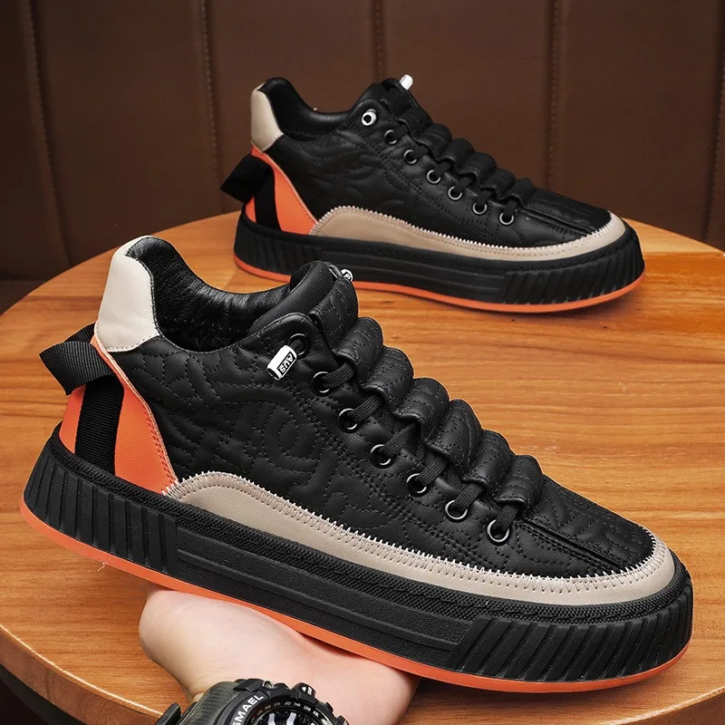 Men's Sneakers Autumn Winter 2024 New Student Sports Skateboard Shoes Thick Sole Anti Slip Comfortable Elastic Band Work Shoes