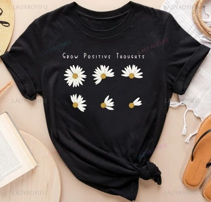 Grow Positive Thoughts Tee Floral Bohemian Style Butterfly Trending Right Now Lady Graphic Love Harajuku Short-sleev Casual Tee