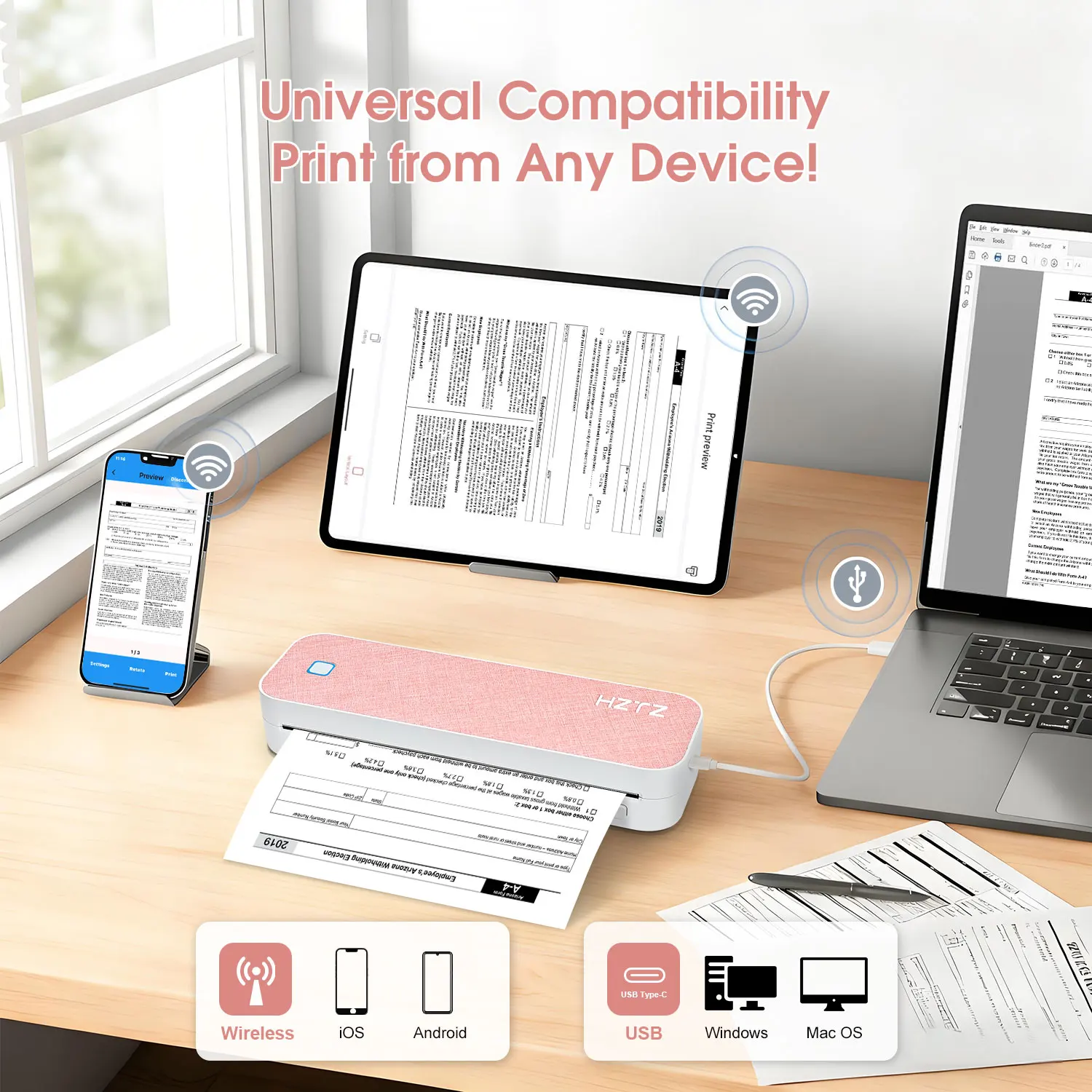 

Бесчернильный портативный термопринтер формата А4, совместимый с Bluetooth, поддержка 8,26 x 11,69 дюймов, бумажная фотография в формате PDF для офиса, дома, путешествий