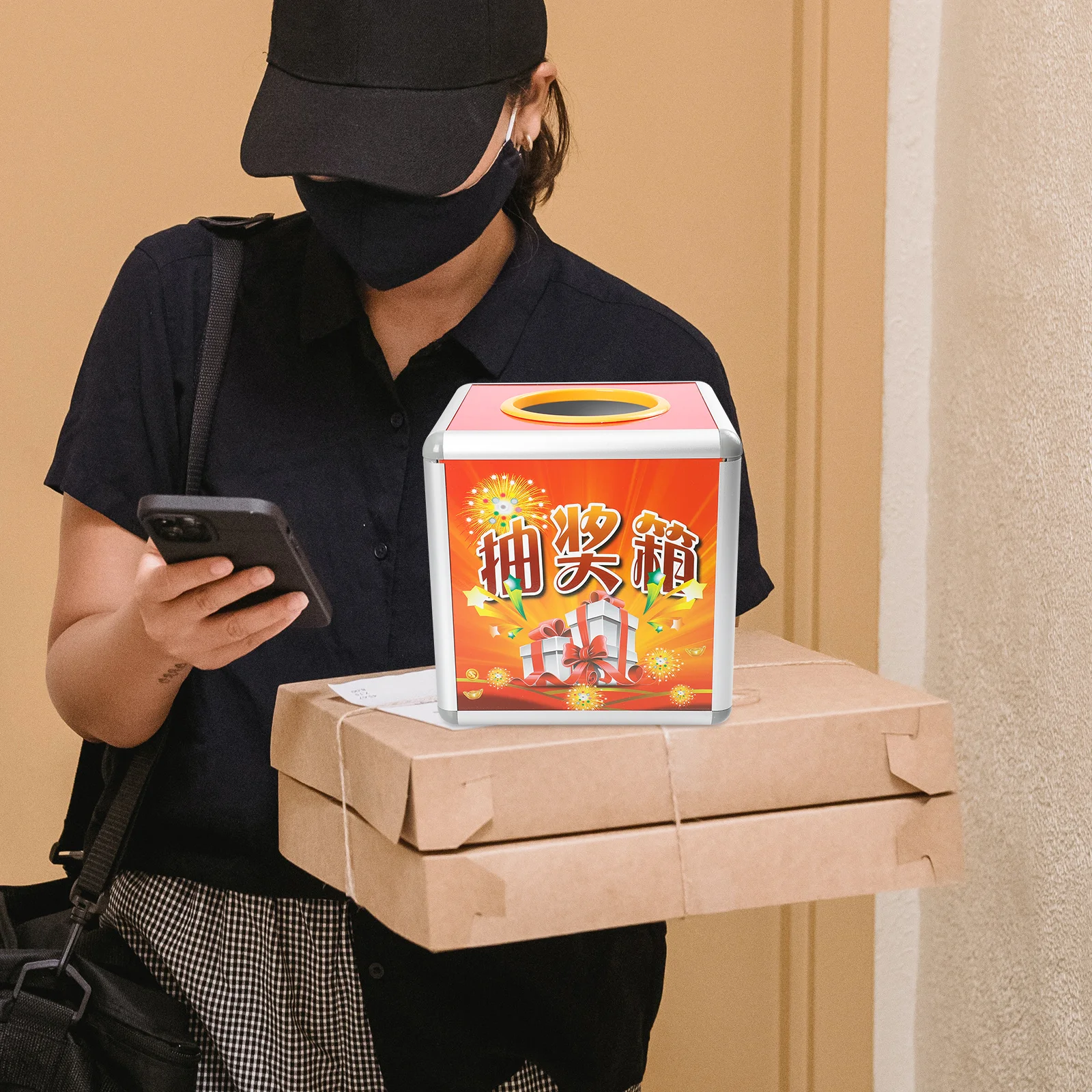 

1Pcs Aluminum Alloy Raffle Lottery Box Medium Density Fiberboard Game Holder for Donations Fundraising Storage Container