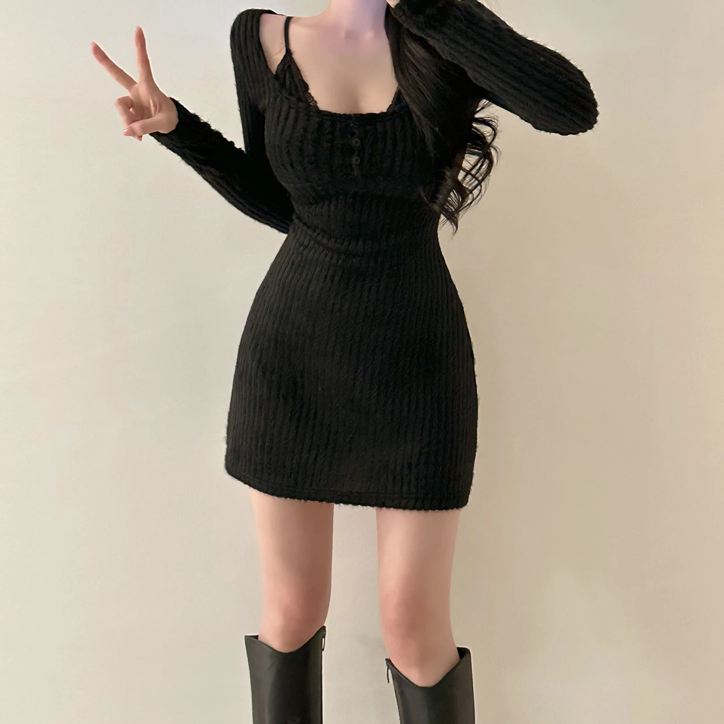 SUCHCUTE Lace Patchwork Fake Two-Piece Dress Women Sexy Long Sleeve Mini Dress Y2K Elegant Fall Outfit All Match Casual Clothes