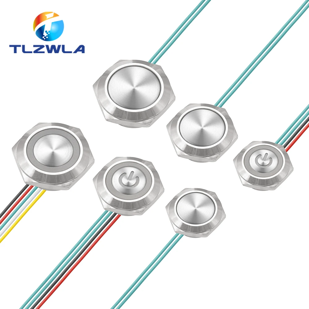 16/19/22mm bardzo krótki włącznik światła LED 12V 24V chwilowy samoresetujący wodoodporny metalowy przełącznik wciskany z przewodem