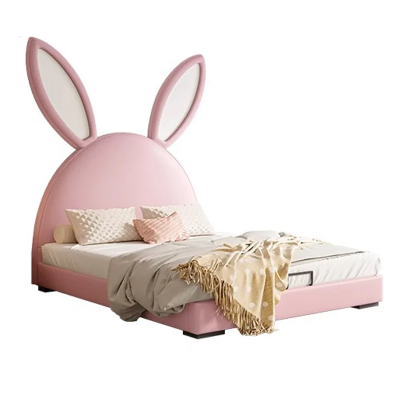 Cama de cuero de madera maciza para niños y niñas, cama con orejas de conejo, Princesa de dibujos animados, color rosa, novedad