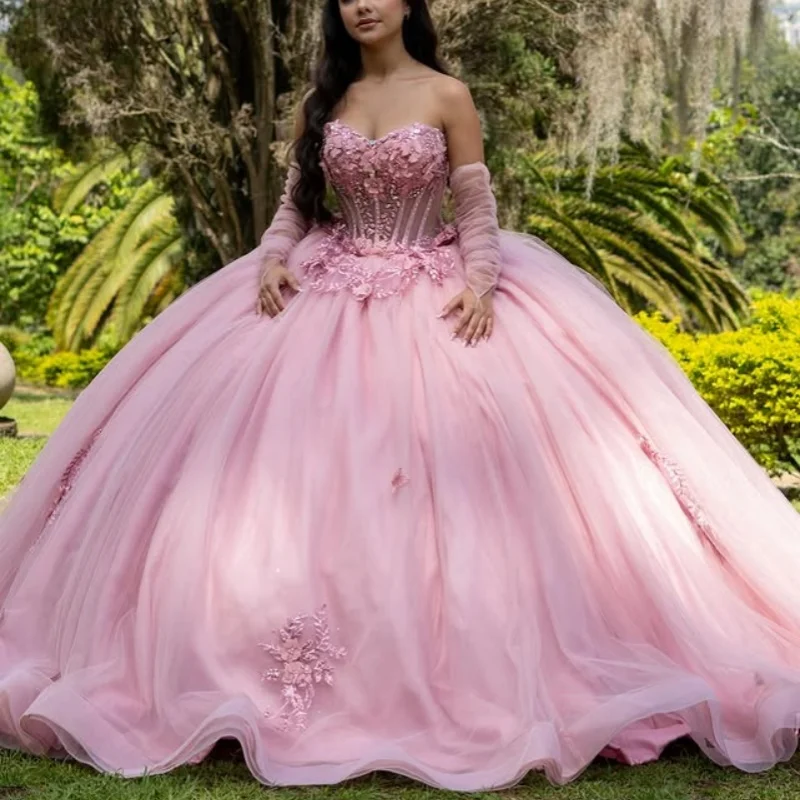 Robes De Quinceanera rose personnalisées, épaules dénudées, dentelle, paillettes appliquées, cristal, à volants, fleur, tulle, 15