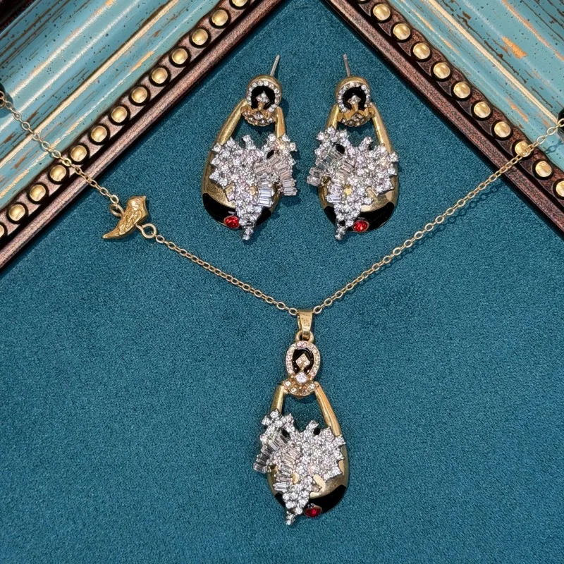 Vintage Black Enamel White Rhinestone Flower Basket Necklace Earring For Women Classic Luxury Brand Design Birthday Party Gift