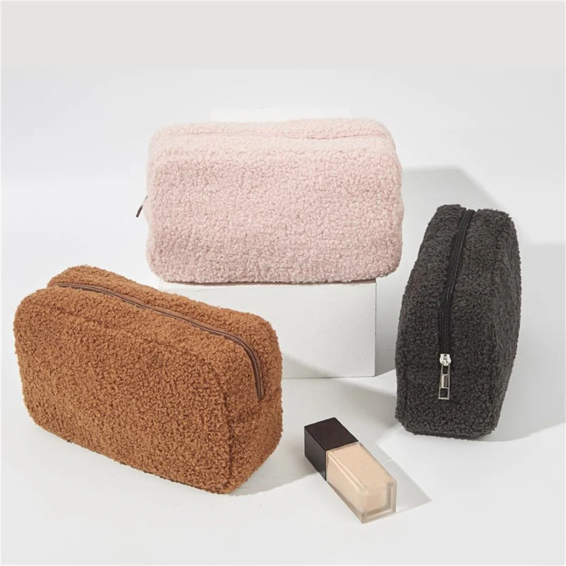 Teddy Solid Color Plush Zipper Bags Large Capacity Cosmetic Makeup Bag For Women Soft Wool Travel Portable All-match Storage