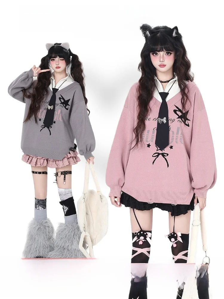 

Crazygirl Original College Sle Loose Knitted Sweater Fake Two-Piece Casual Design Women's Long Sve V-Ne Winter Sweater