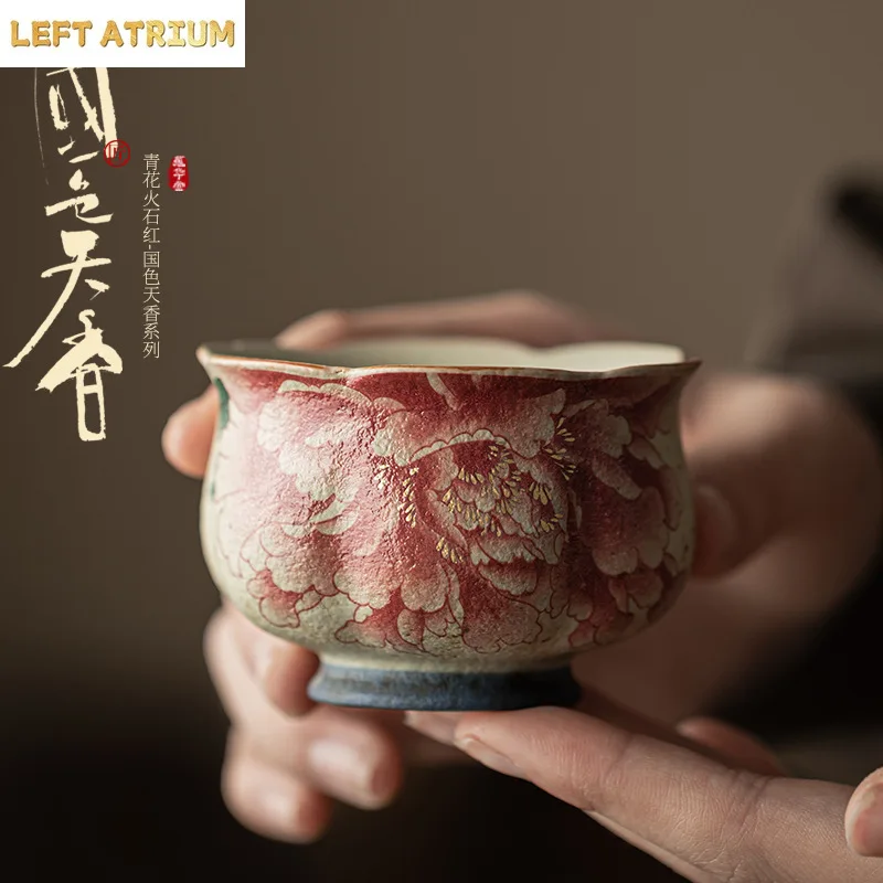 Blue and White Flint Red Ceramic Teacup Household TeaCup Flower Mouth Cup Meditation Cup Retro Kung Fu TeaSet Gift Tea Ceremony