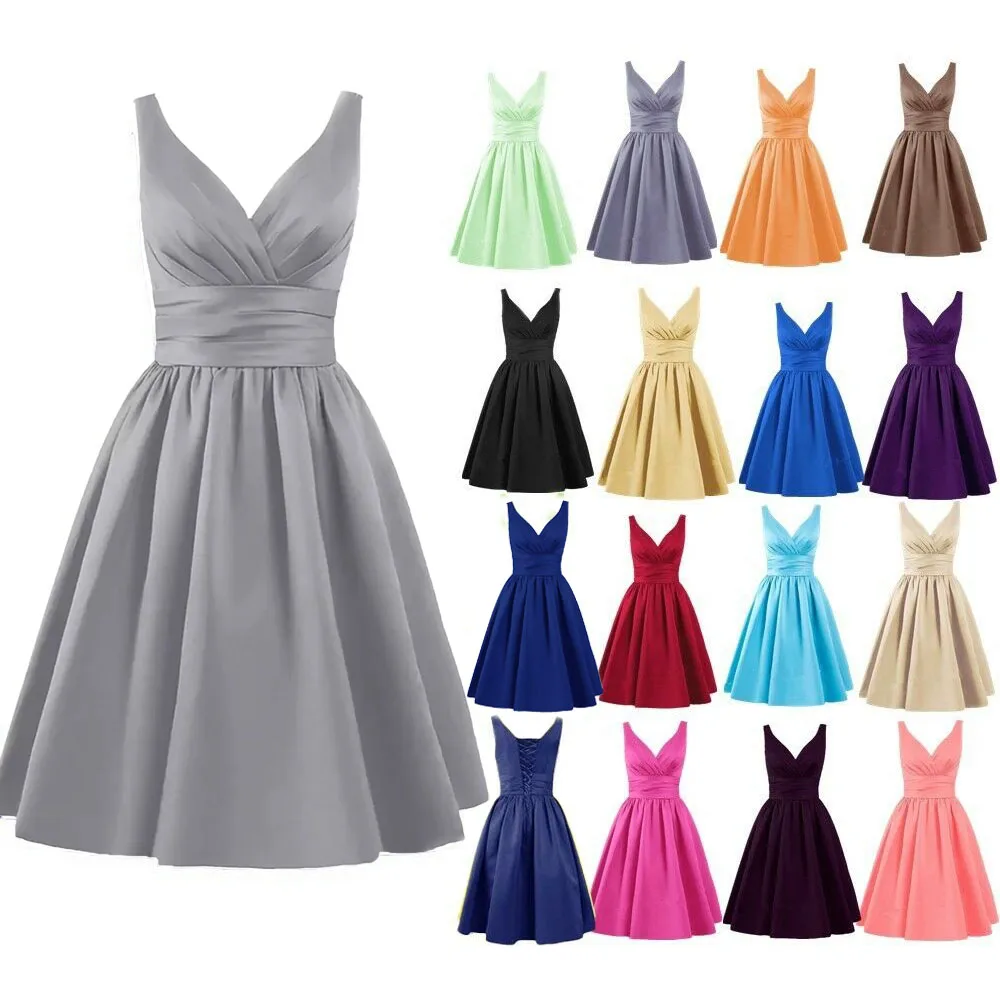 Short Knee Length A Line Satin V Neck Sleeveless Cheap Bridesmaid Dresses Wedding Party Formal Prom Birthday Evening Cocktail