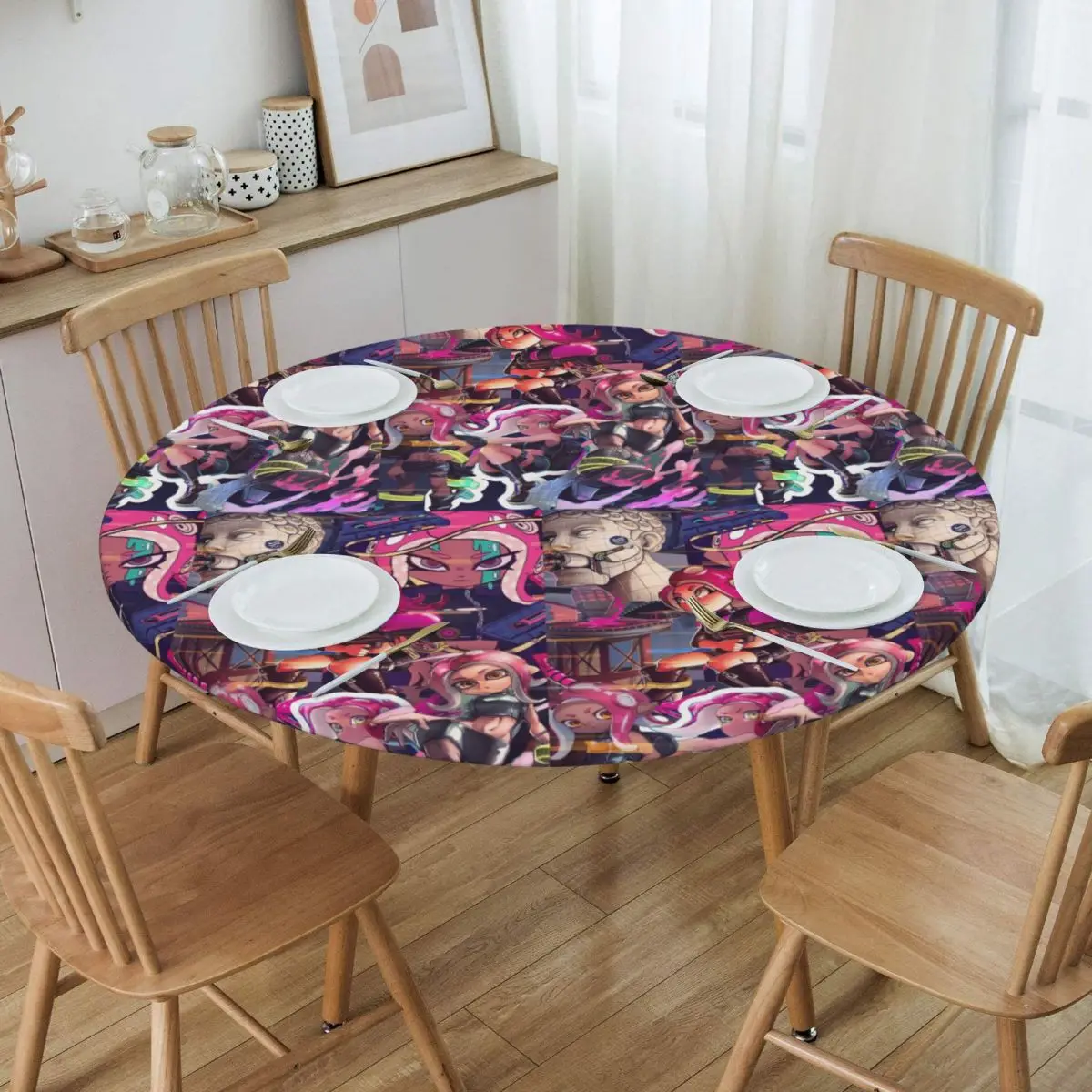 Splatoon Play Gamer Waterproof Round Tablecloth Oilproof Table Cloth for Kitchen Events Dining Table Cover