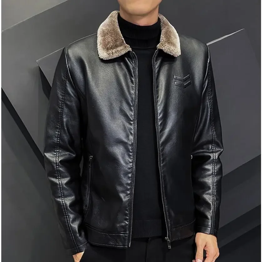 Winter Fashion Warmth Thickened Leather Jacket Lapel Solid Zipper Design Plus Size 4XL-M WorkCoat Men\'s Leather Jacket