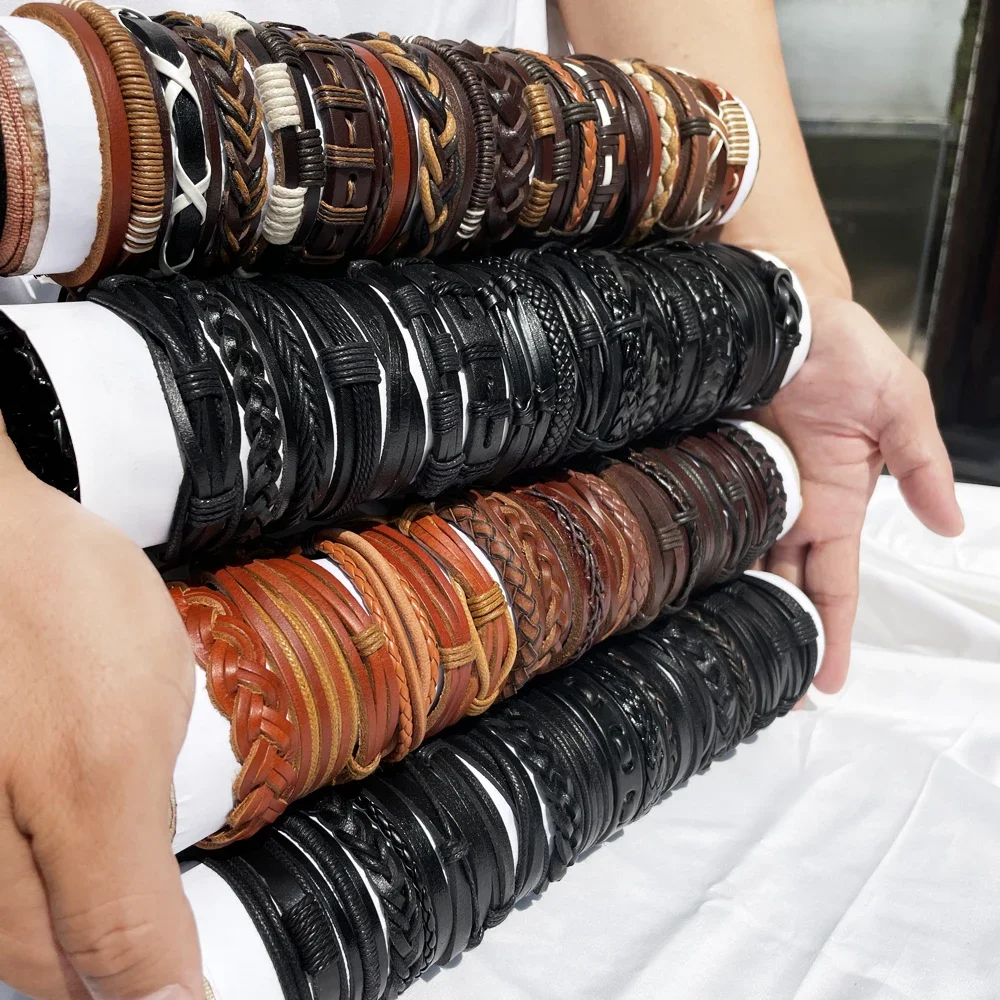 25Pcs/lot Hot Sale Wholesale Random Retro Multi-layer Leather Bracelet For Men Women Handmade Charm Bracelet Wrap Jewelry NM3