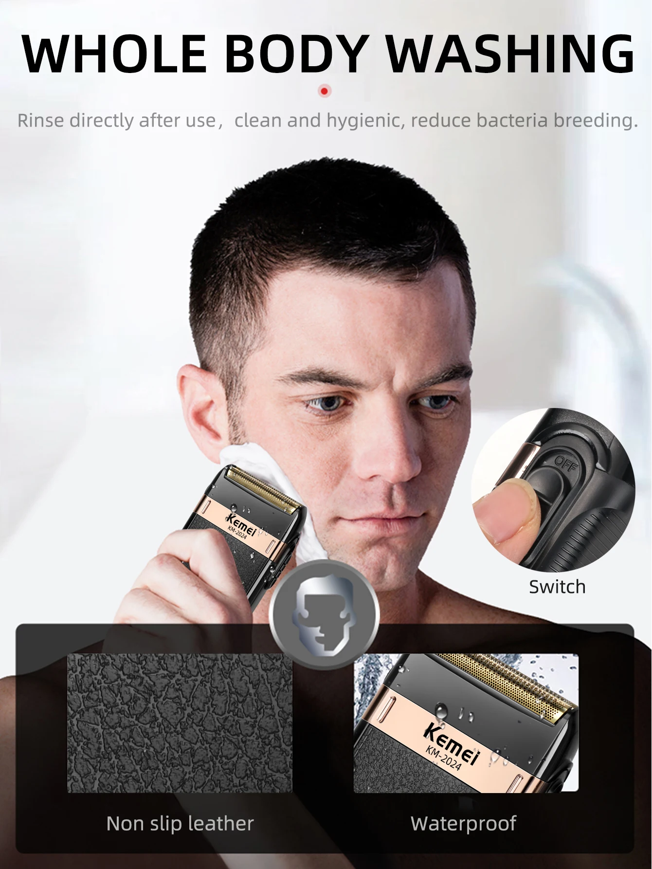 Kemei KM-2024 Elektrorasierer für Männer, kabelloser Rasierer mit zwei Klingen, wiederaufladbar, USB-Rasiermaschine, Friseur-Trimmer – Detail 2