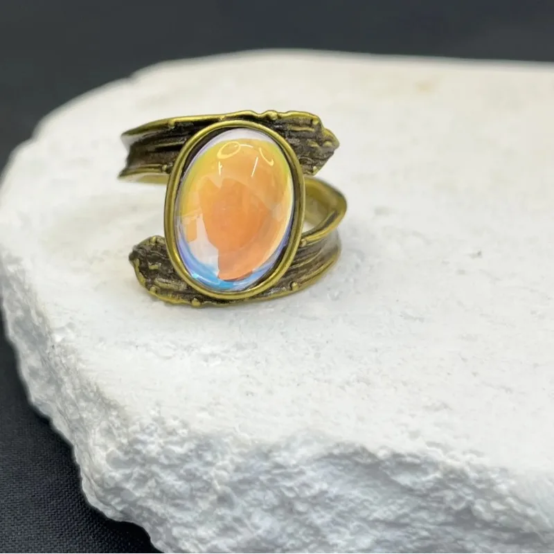 Blackened Wide Band Opal Ring Set in Sand Gold Material Retro Open Design Unisex Individuality Small Niche Egg Shape Ring