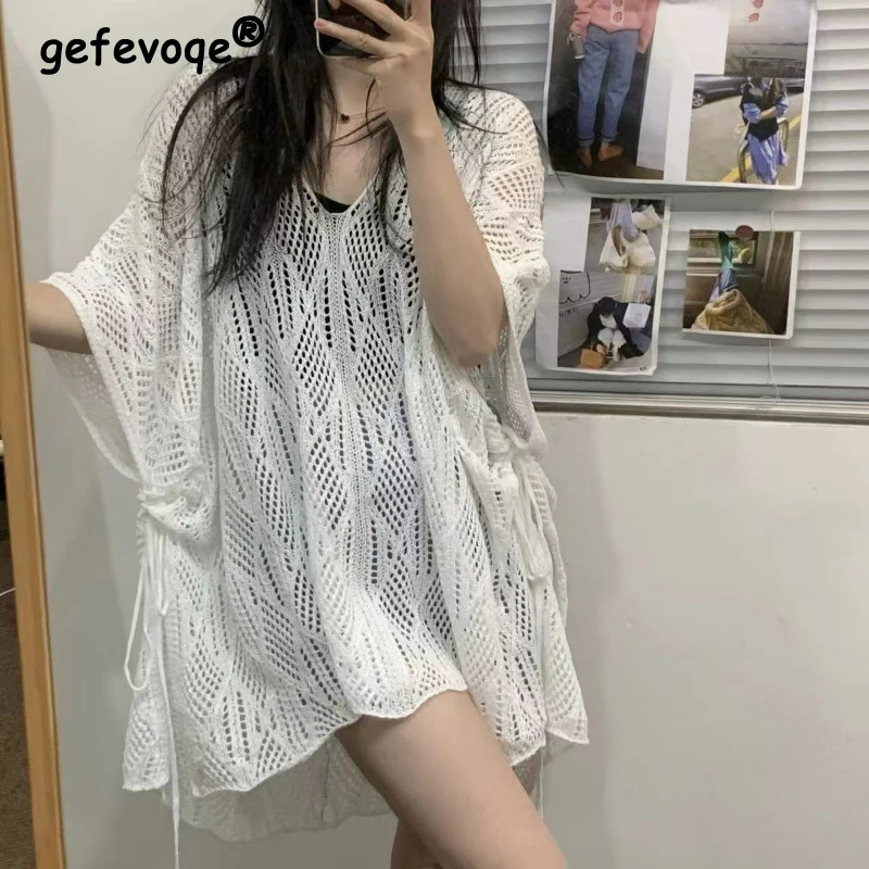 Dames Sexy Uitgehold Veters Oversized Gebreide Bikini Cover-Ups Tops Zomer Dames Effen V-Hals Korte Mouw Gehaakte Strandkiel