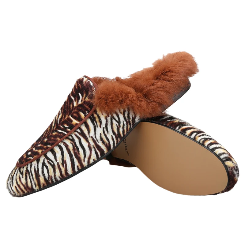 Piergitar Tiger Patterned Cow Hair Men's Mules With Rabbit Fur For Party Wear Handmade Male Classic Smoking Slippers Plus Size