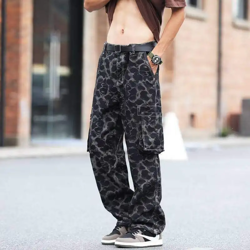 WTHT Mode Herren Leopardenmuster Taschen High Street Denim Hosen Vintage 2025, Sommer, lässig, gerade, weites Bein, Jeans männlich 2A1219