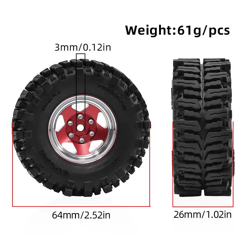 ยางนิ่มแบบโคลนขนาด 1.3 นิ้ว 64x26 มม. ขอบล้อ Beadlock สำหรับ TRX4M SCX24 AX24 FCX24 FCX24M Ascent-18 1/18 1/24 อะไหล่รถบังคับวิทยุแบบครอว์เลอร์