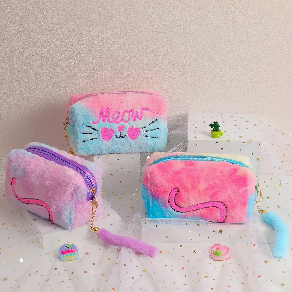 Kantong Rias Kucing Payet Manis Baru Kantong Organizer Kosmetik Travel Berbulu Pelangi Lembut Tas Kecil Anak Perempuan Tas Tempat Pensil