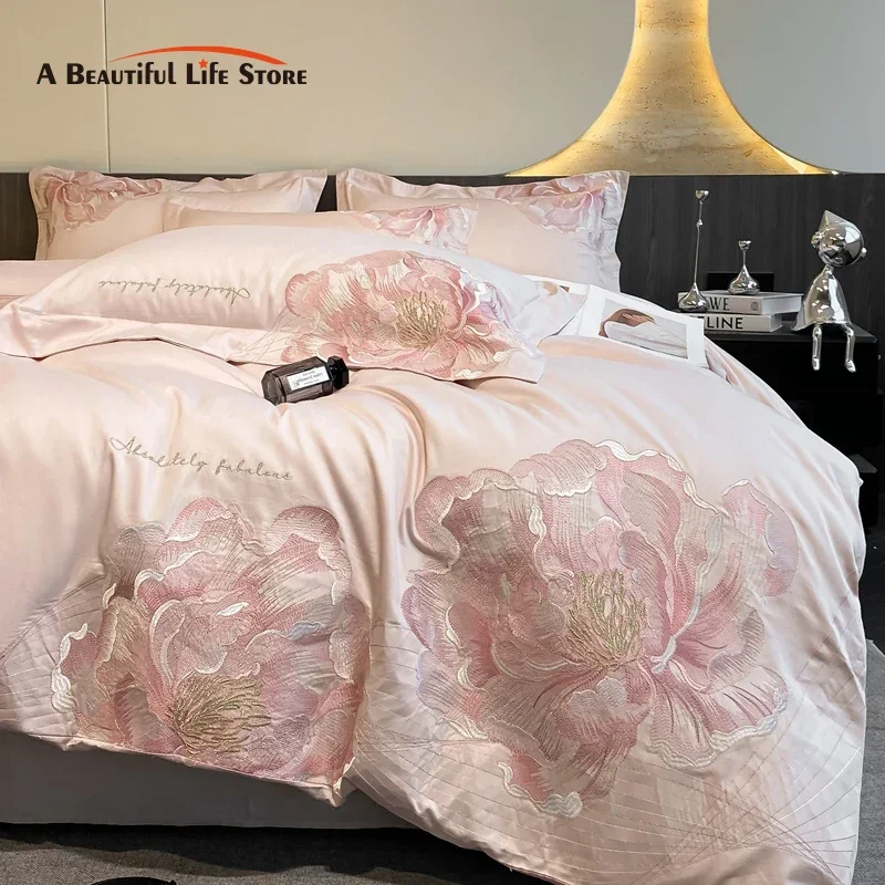 100% Cotton Flowers Embroidery Luxury Bedding Set Pink Gray Blue Duvet Cover Set Flat/Fitted Bed Sheet Set Pillowcases 4Pcs