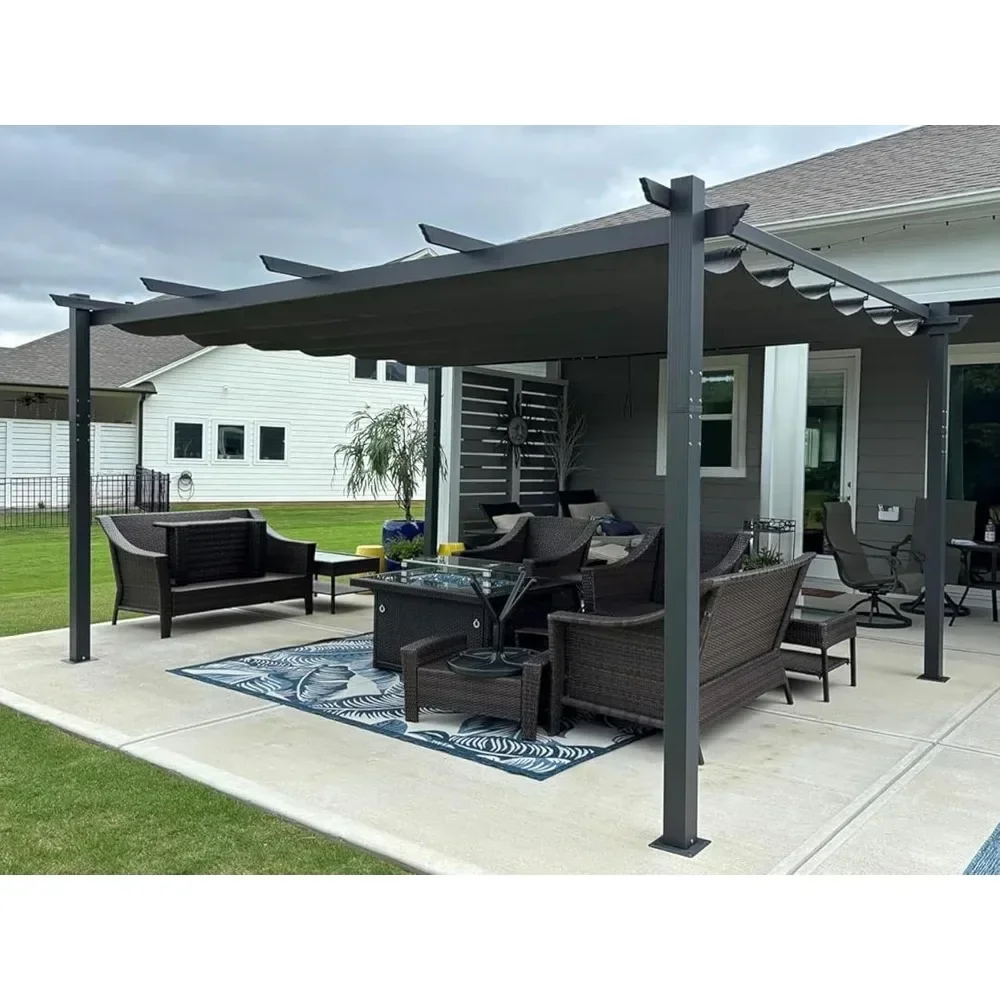 12 X 16 FT Outdoor Pergola with Retractable Canopy Aluminum Shelter for Porch Garden Pavilion Grape Trellis Grill Gazebo