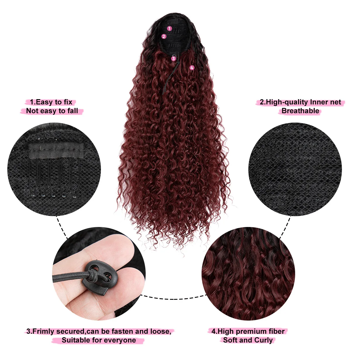 Kinky Curly Drawstring Inner Hat Wig, Ponytail Style Women's Long Hair, Breathable, Suitable for Travel Wear
