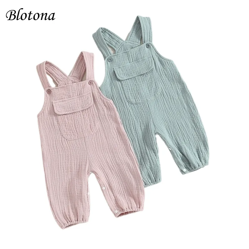 

Blotona Baby Girls Boys Rompers Solid Color Sleeveless Straps Jumpsuits Summer Infant Suspender Bodysuits With Pocket 0-24Months