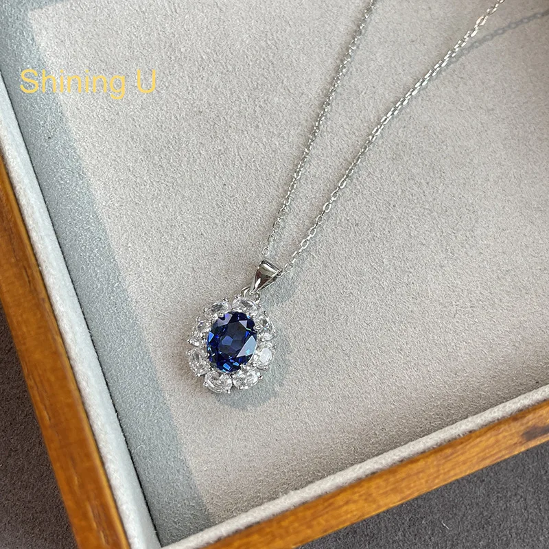 

Сияющее U S925 серебряное овальное сапфировое ожерелье для женщин, ювелирные изделия на годовщину