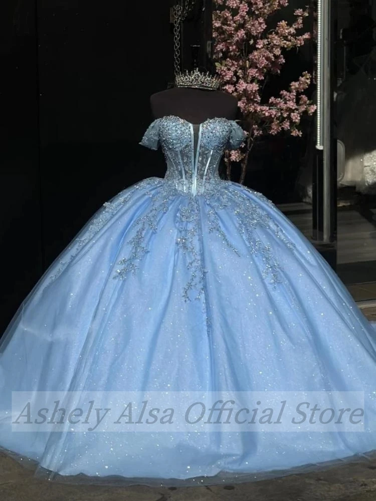 AA155 Customized Ice Blue Sweet 16 Year Girl Birthday Party Dresses Applique Puffy Prom Gown vestidos de 15 quinceañera 2024