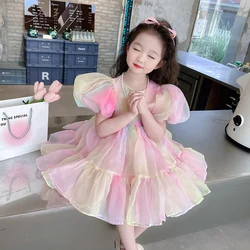 Children's Dress Summer Bubble Sleeves Rainbow Gradient Girl Formal Occasion Clothing Princess Dress Children's Daily Clothing