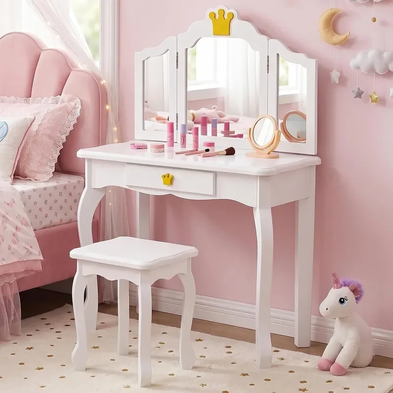 Kids Princess Vanity Table and Chair Set Kids Vanity Set with Drawer Tri-Folding Mirror 2 in 1 Makeup Dressing Table with
