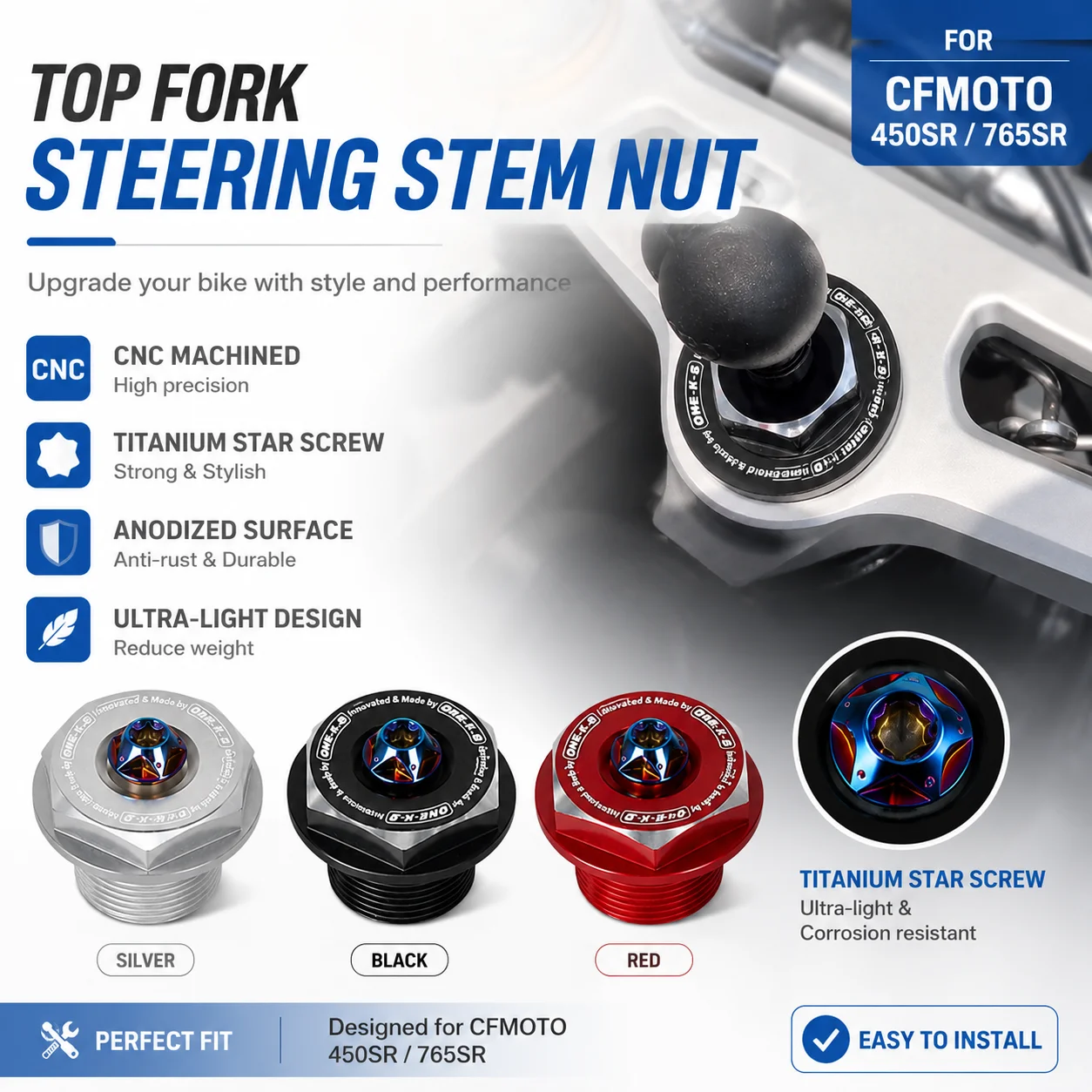 Motorcycle Steering Stem Nut CNC Front Fork Top Cap Plug Cover For CFMOTO 450SR 765SR Titanium Screw Accessories