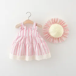 Summer New Sweet Bow Baby Girl Dress, Cute Vertical Striped Children'S Clothes For Birthday Parties + Hat(9 Months -3 Years Old)