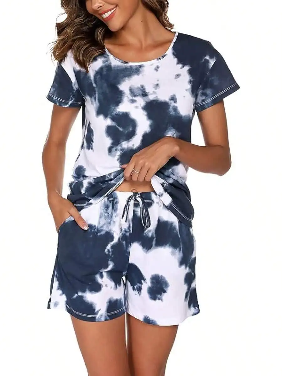 Womens Tie Dye Cotton Polyester Pajama Shorts Set With Pockets Summer Sleepwear