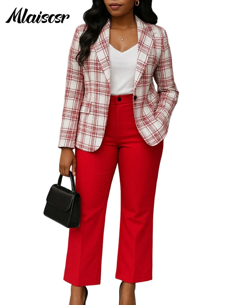 Mlaiscsr Abiti blazer africani per donna Giacca cappotto a maniche lunghe con stampa a griglia Top e pantaloni a gamba dritta Set da 2 pezzi Office Spring