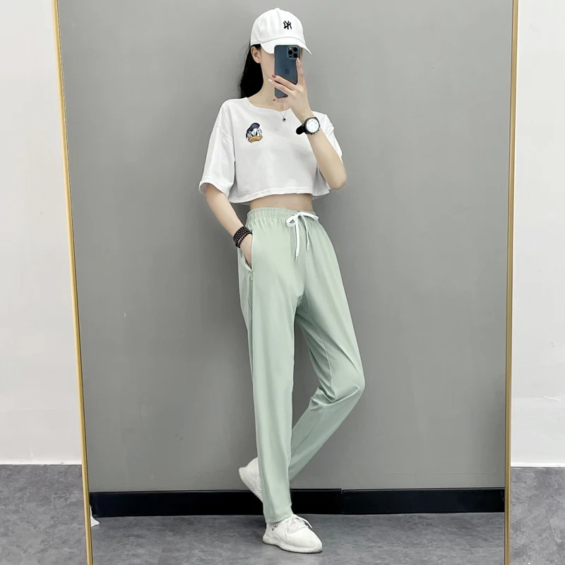 

New Ice Silk Quick Drying Simple Casual Versatile 9-Point Trousers Summer Thin Women'S High Waist Elastic Ice Silk Haren Pants