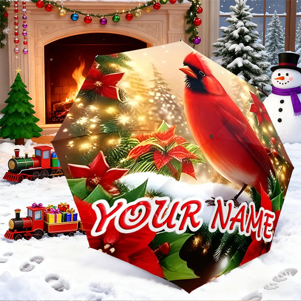 Custom Name Umbrella,Custom Red Cardinal Christmas Umbrella with Festive Floral Design,Portable Folding Umbrella, Christmas Gift