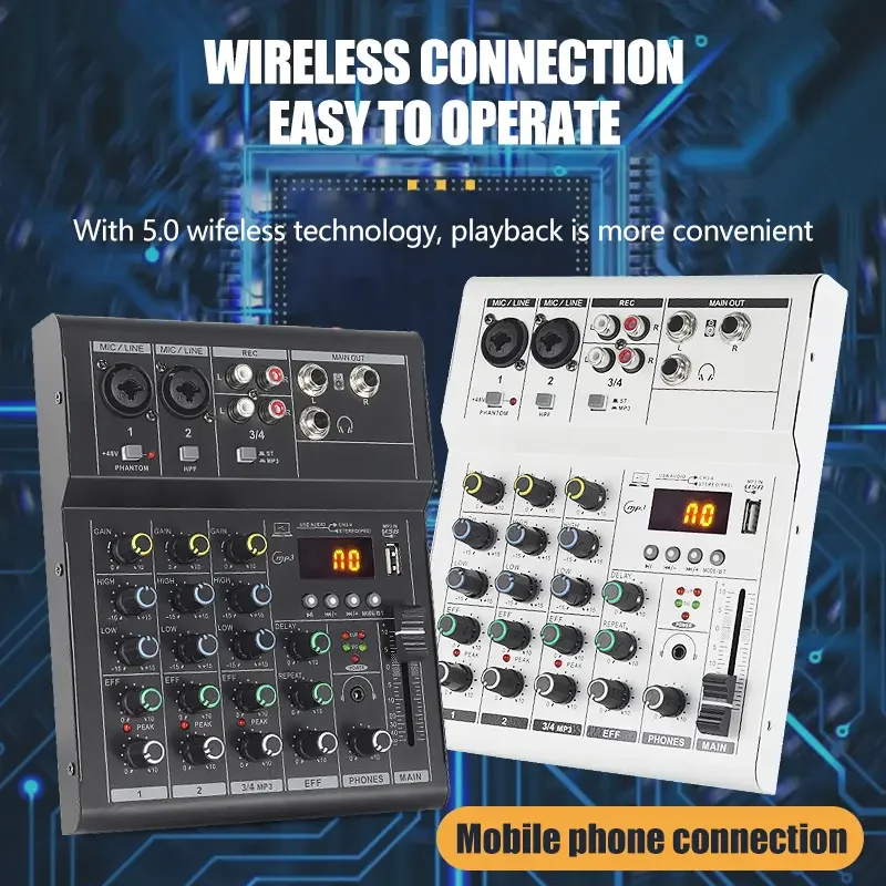 Professional 4 6 channels Audio mixer DJ karaoke Mixing Console With USB Interface Sound Card BT 48V PC MP3 DJ Recording