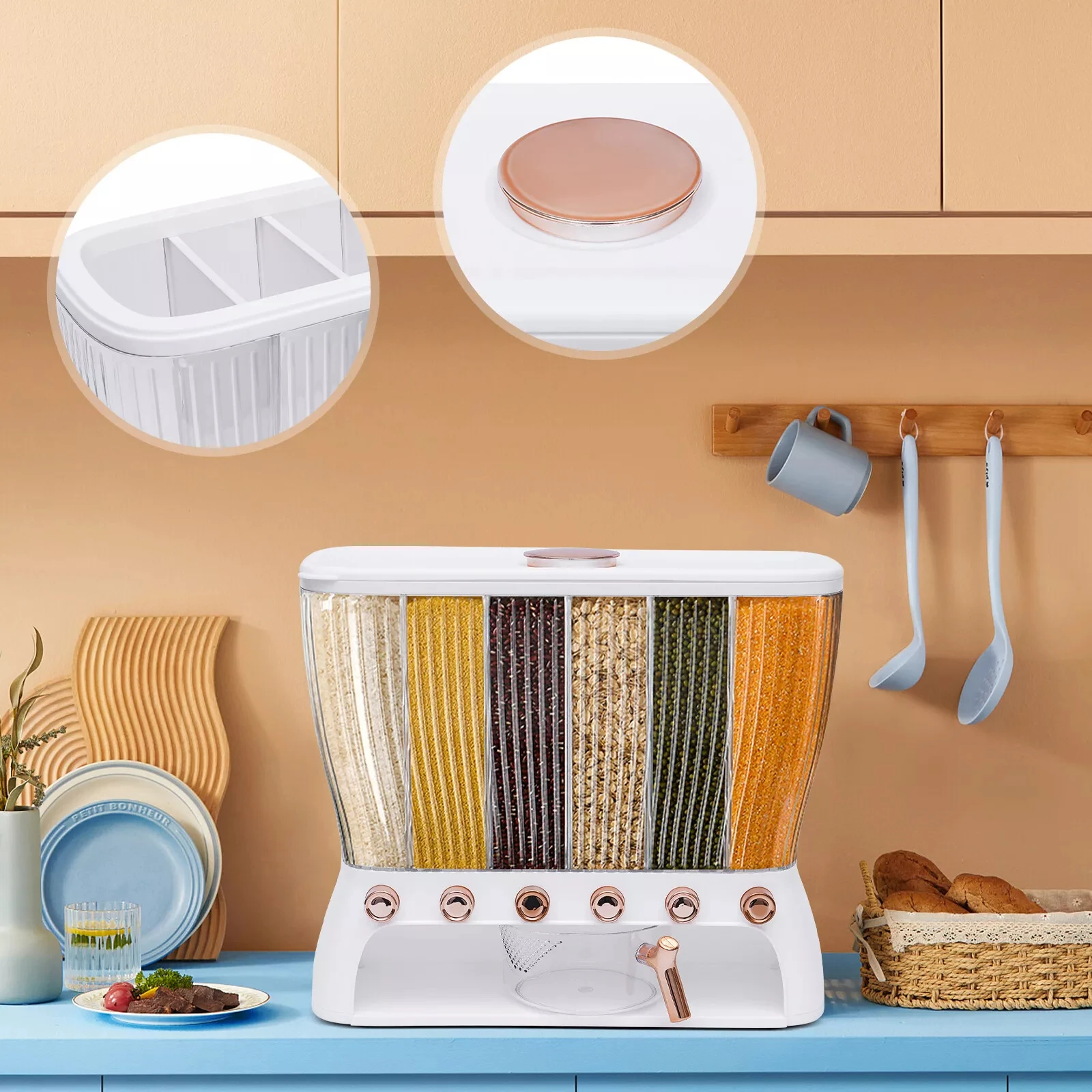 

Kitchen Dry Food Dispenser, Six-Grid Cereal Storage with Rice Hopper