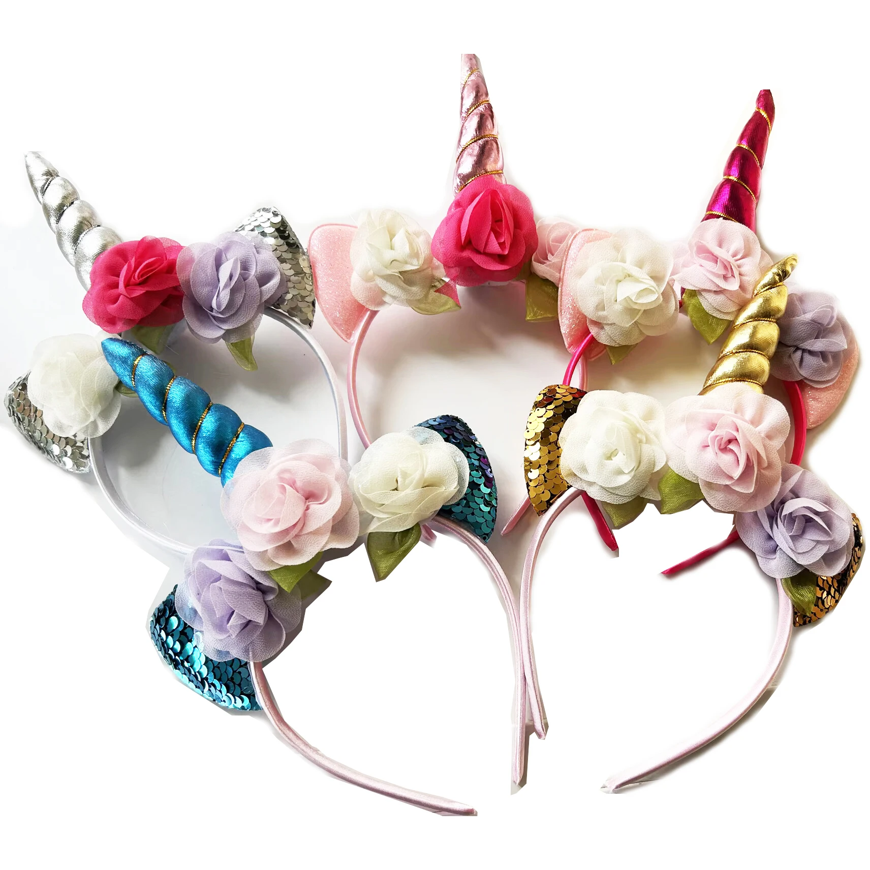 

10 Pcs Glitter Metallic Unicorn Headband Girls Chiffon Flowers Hairband Kids Leaf Flower Unicorn Horn Party Hair Headwear