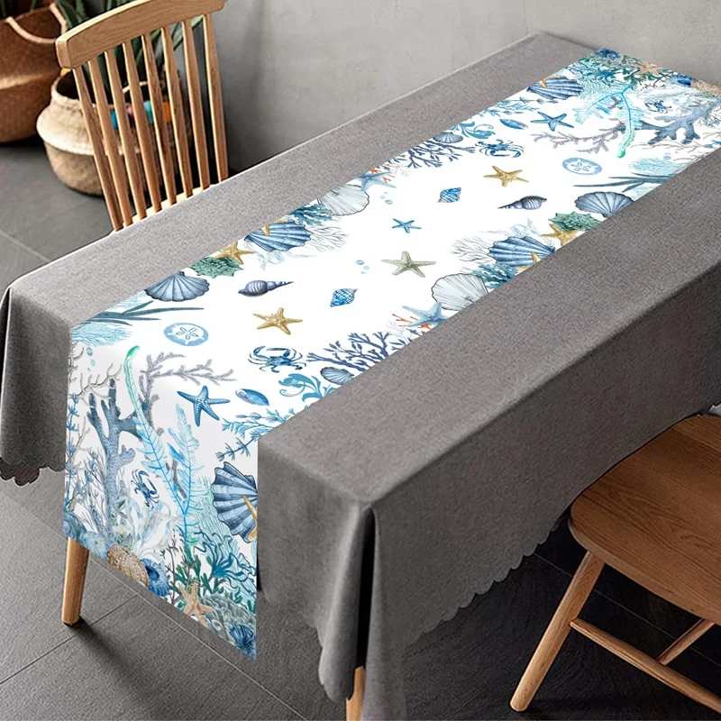 Summer Ocean Starfish Shell Coral Table Runner Holiday Home Party Decor Blue Ocean Theme Kitchen Dining Table Cover Party Decor