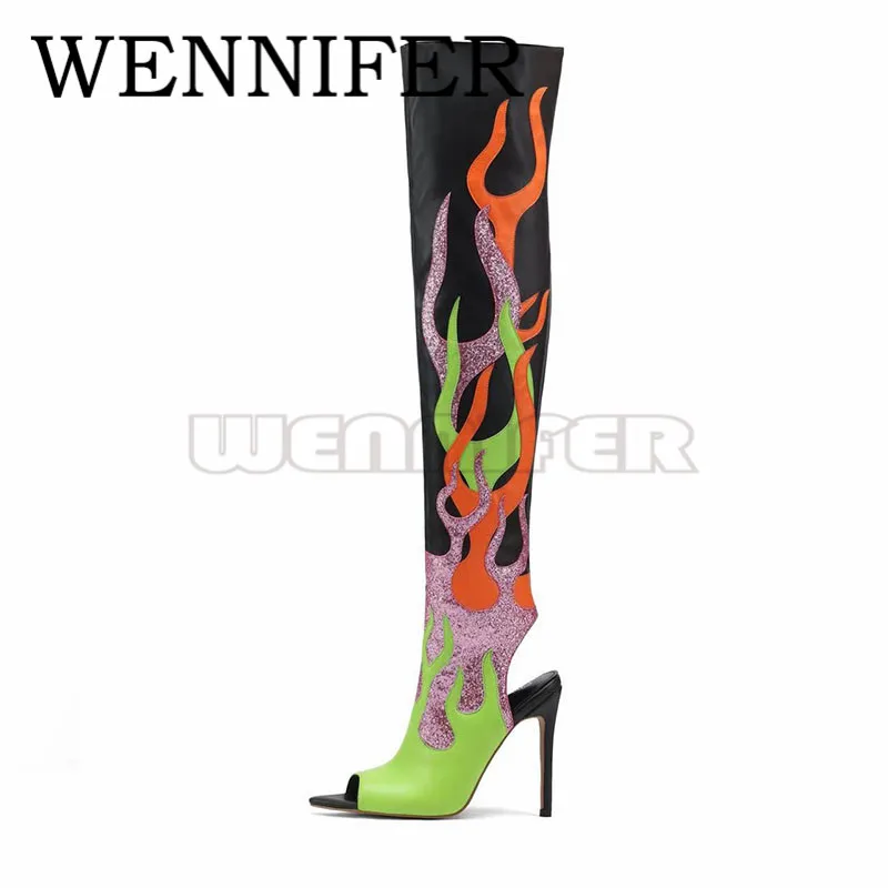 Fake Leather Over Knee High Boot Peep Toe Laser Flame Thigh High Boots Ladies Roman Gladiator Slingback High Stiletto Heel Botas