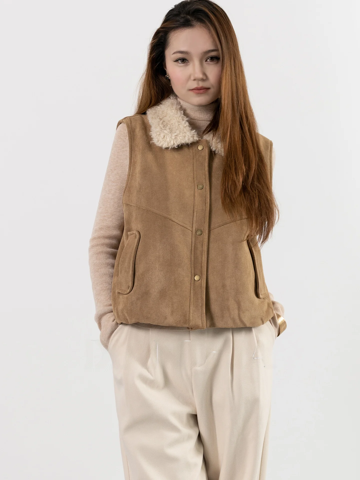 

DianThia Lamb Fur Collar Women's Vest Faionable Turn-down Collar Warmth Multi-layered Outerwear Vintage Sle eepskin