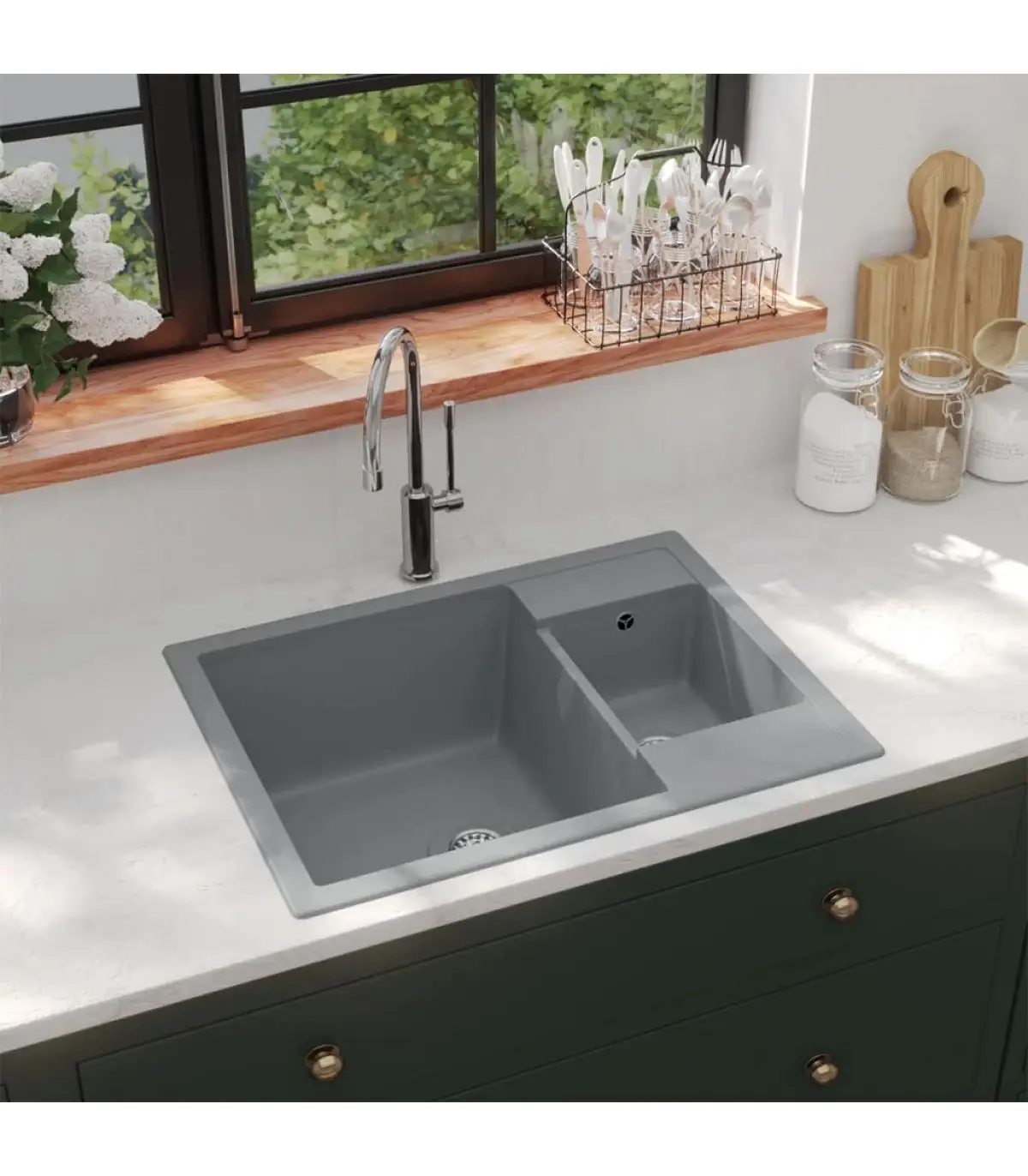 Double sine kitchen sink with gray granite overflow