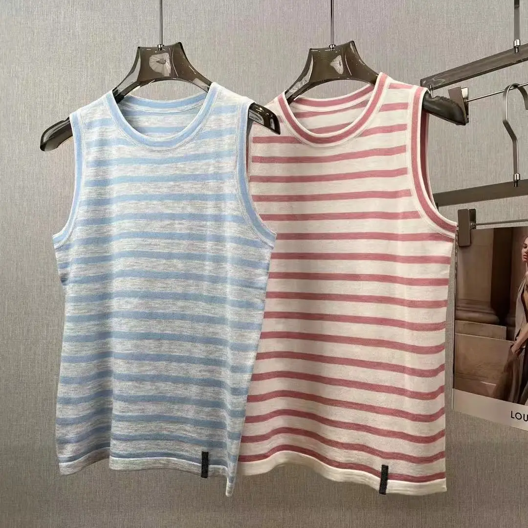 

Women's Knitted Vest 2024 New Spring Summer Bead Chain Striped O-neck Casual Sleeveless Tanks Top