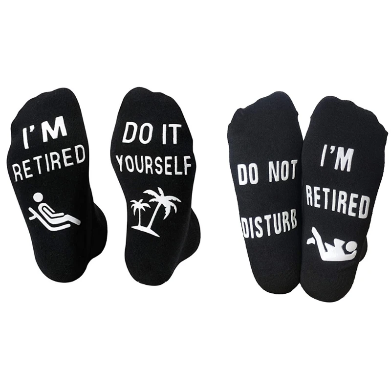 C6UD Men Women Novelty Funny Sayings Anti-Slip Socks Do Not Disturb Do It Yourself I Am Retired Phrase Cotton Hosiery Retirement